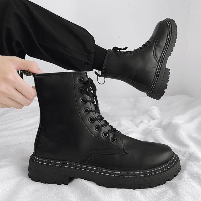 High Platform Black Leather Chunky Military Boots