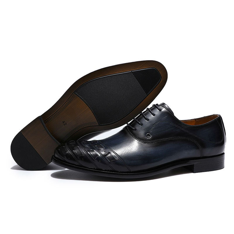 Plait and Hand Painted Pattern Round Toe Men Oxford Leather Shoes