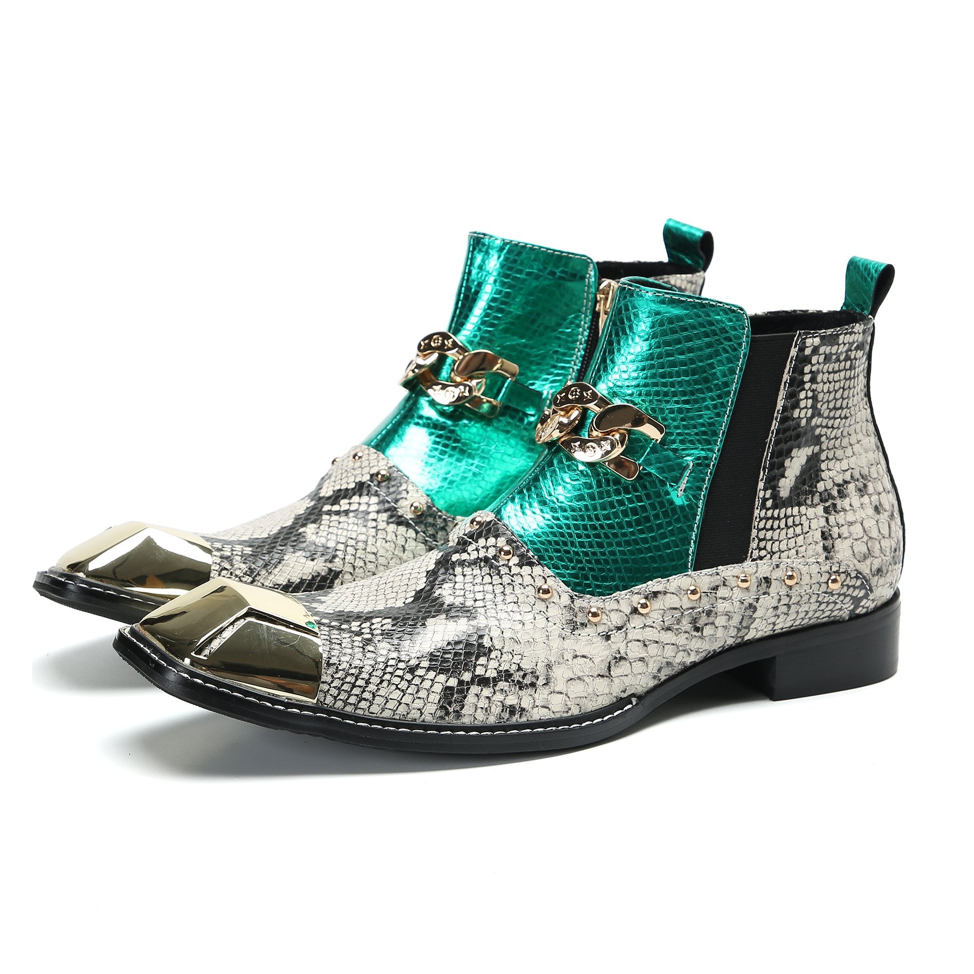 Snake Pattern Metal Appliques Genuine Leather Boots