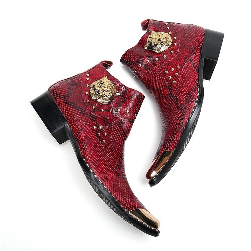 Tiger Head Appliques Snakeskin Ankle Boots