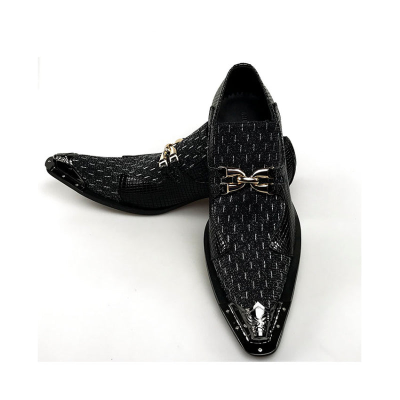 Luxury Pointed Toe Metal and Snake Pattern Patchwork Men Dress Shoes - FanFreakz