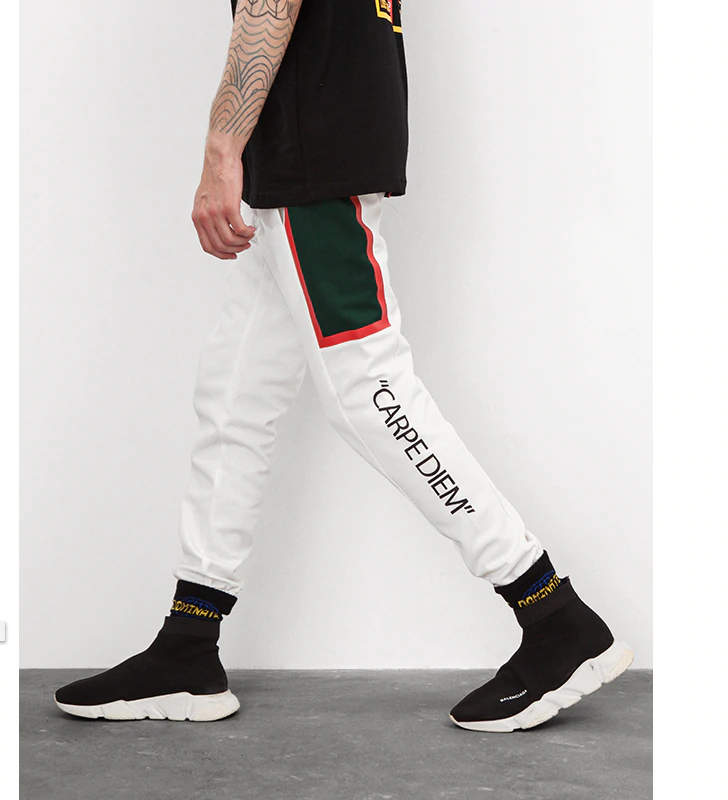 White Casual with Letter Side Printed Striped Men Pants