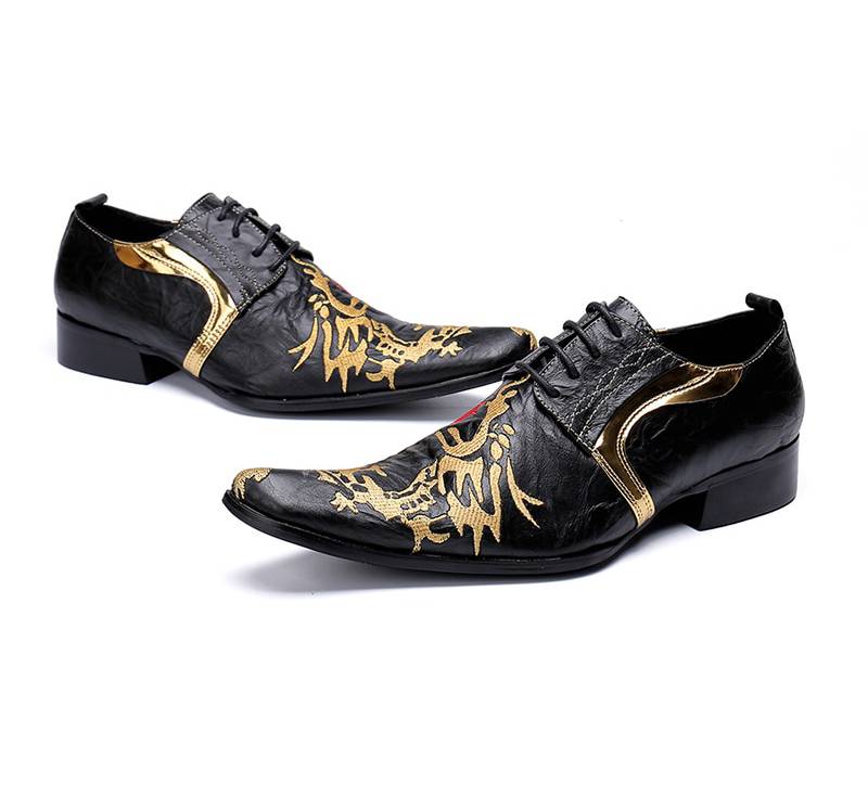 Fancy Black with Gold Painting Lace Up Details Men Dress Shoes