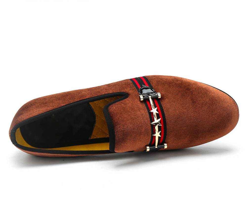 Brown Velvet Red Ribbon Detail Men Shoes