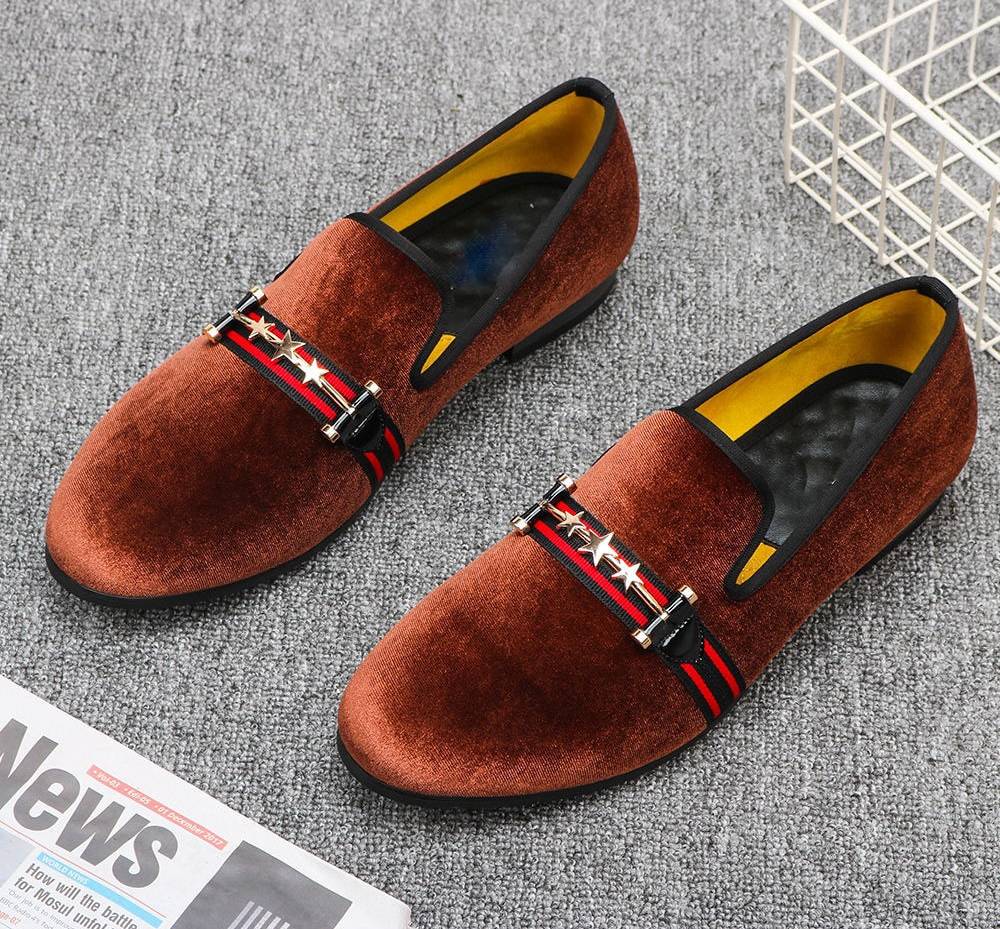 Brown Velvet Red Ribbon Detail Men Shoes