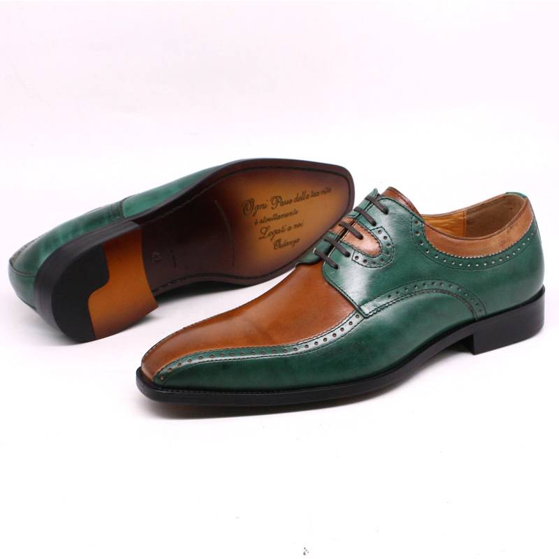 Italian Handmade Leather Green & Camel Brogue Shoes