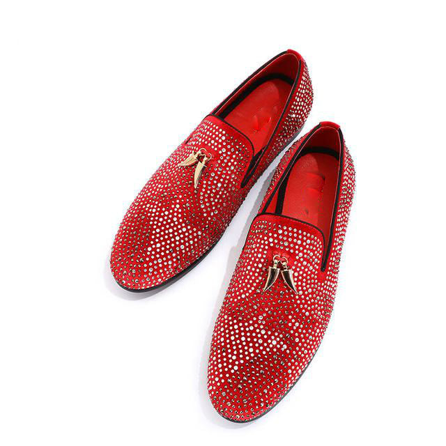 Luxury Rhinestone Handmade Men Red Black Velvet Loafer Shoes With Golden Tassel
