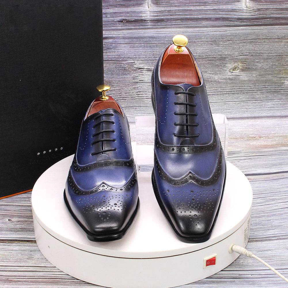 Blue Handmade Lace Up Wingtip Oxford Shoes