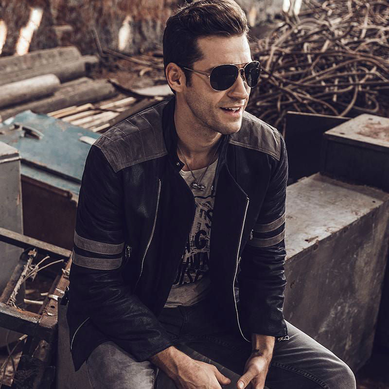 Rocker Biker Style Men Genuine Leather Jacket with Shoulder Patchwork Details - FanFreakz