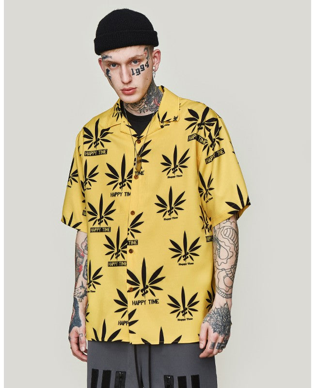 Jaune avec imprimé feuilles en été Chemise hawaïenne à manches courtes pour hommes