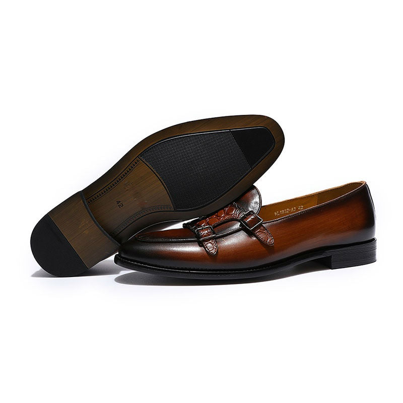 Croco Embossed Closure Double Monk Strap Men Genuine Leather Shoes - FanFreakz