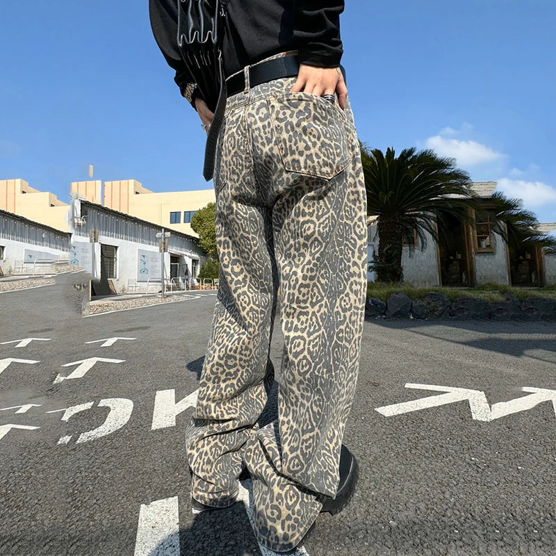 Leopard Pattern Mid-Waist Loose Jeans