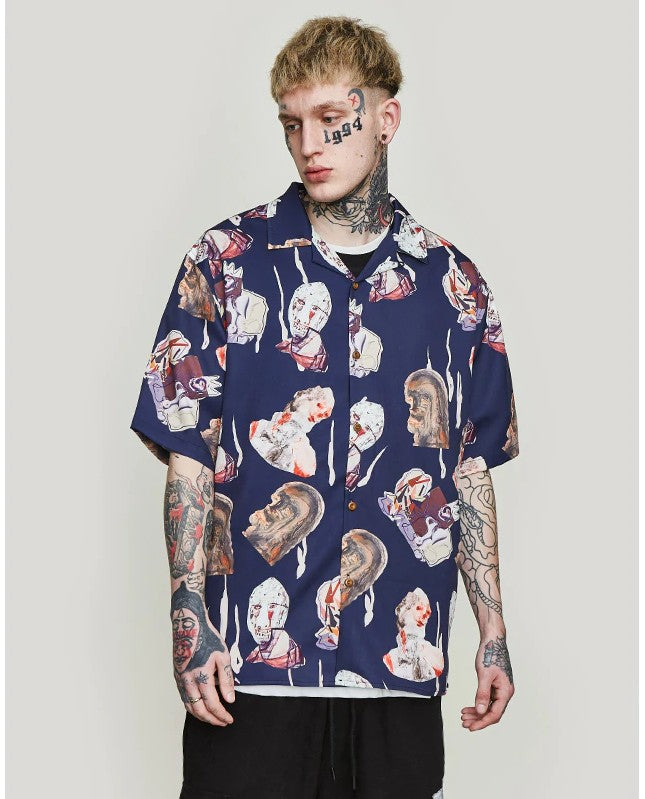 Imprimé de personnages bleu marine dans un style ample hawaïen Chemise à manches courtes pour hommes