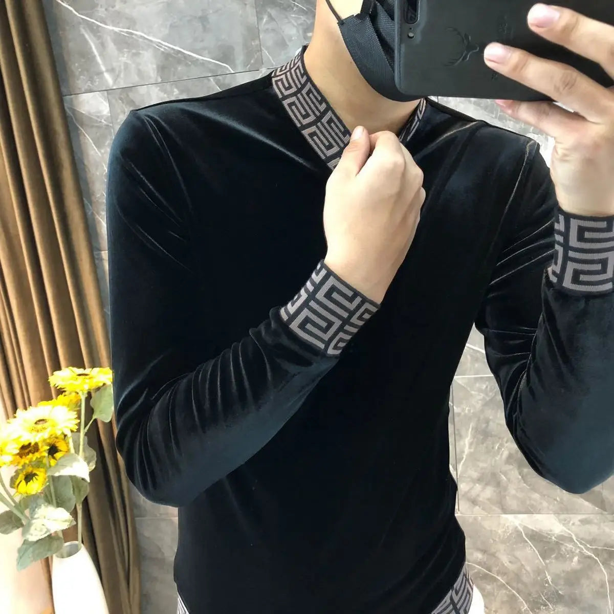 Black Geometric Patchwork Velvet Sweater