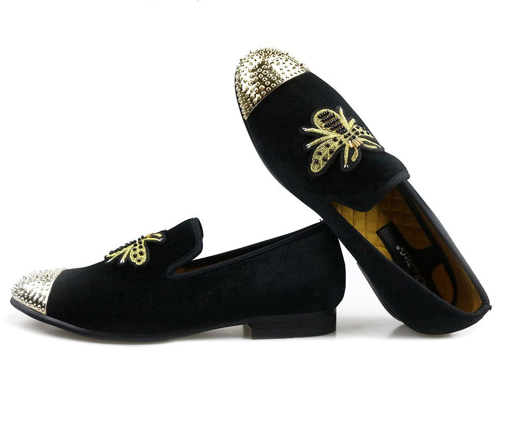 Golden Bee with Rivets Toes Men Velvet Loafers