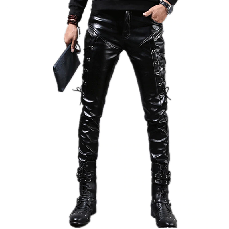 Rock Skinny Lace Up Shiny Faux PU Leather Trousers