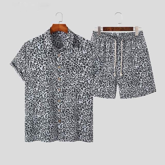 B&W Leopard Print Short Shirt Set