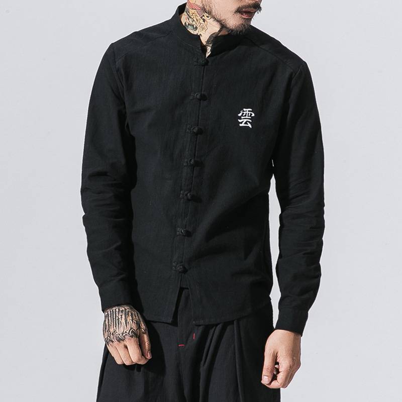 Chinese Style Linen Solid Long Sleeved Casual Men Shirts