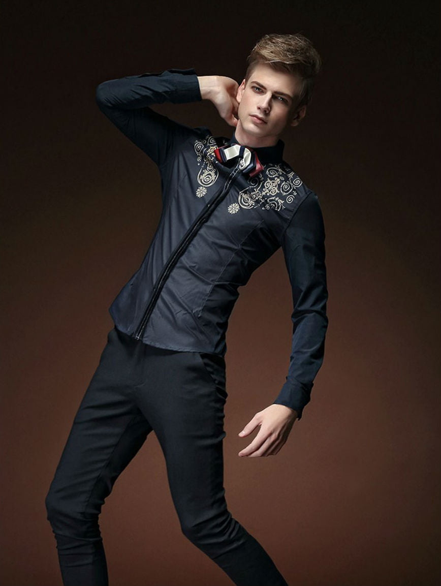 Motif floral royal sur le haut de la poitrine pour homme Slim Fit Dandy Shirt