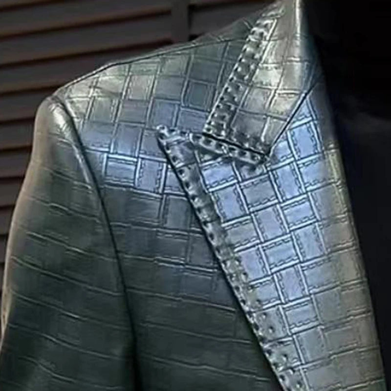 Plaid Pattern Faux Leather Blazer