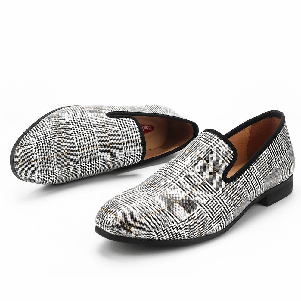 Blanco gris a cuadros planos casuales hombres mocasines zapatos