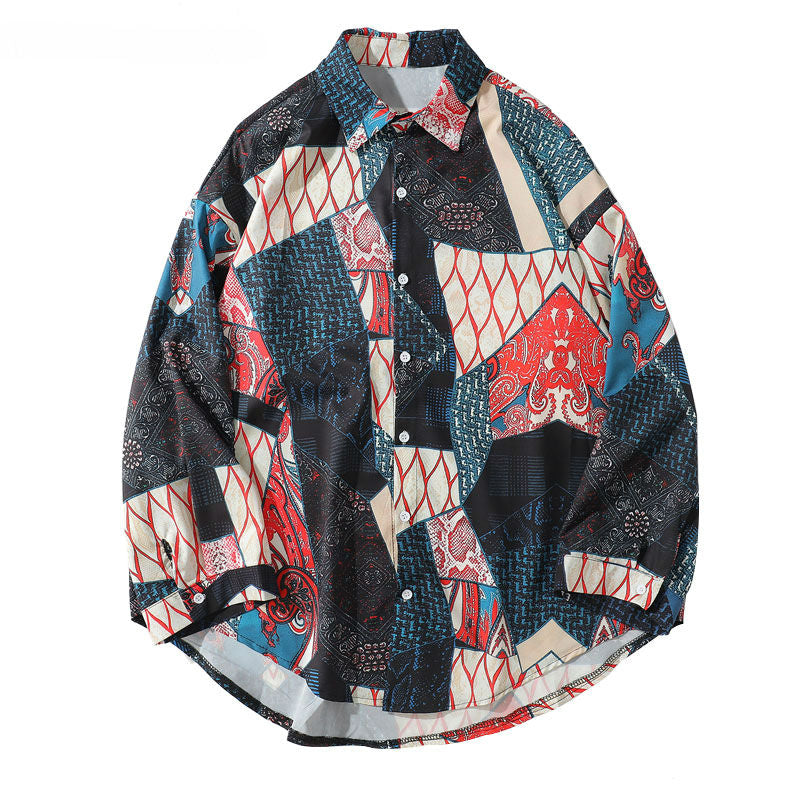 Japonais Ukiyo E Géométrie Motif Casual Streetwear Hommes Chemise