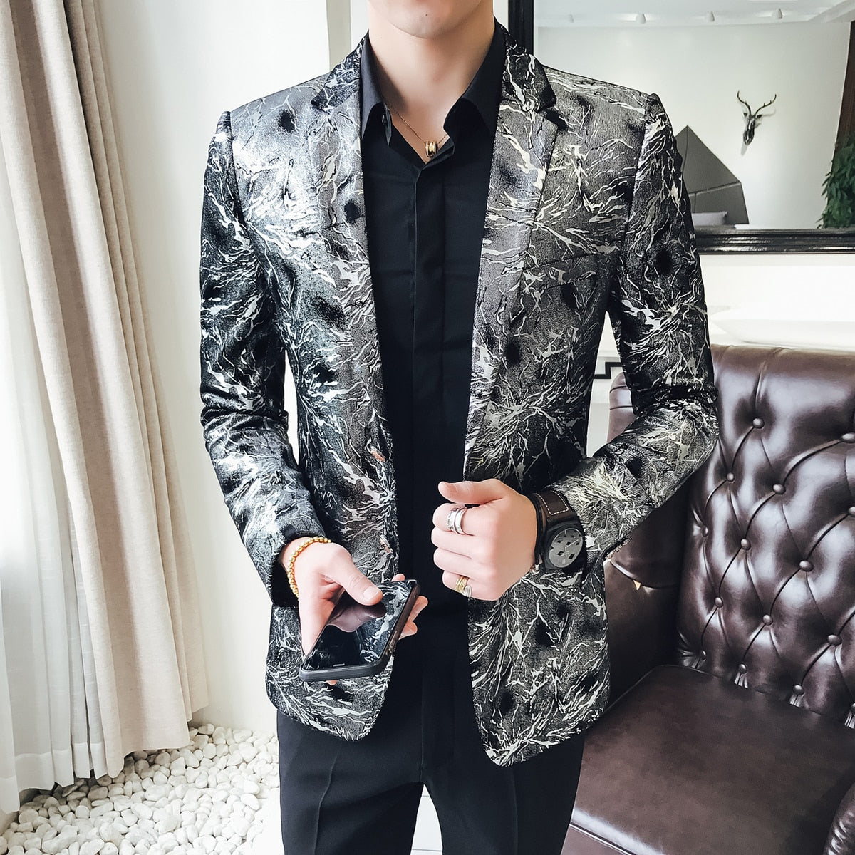 Silver Flashlight Print Single Breasted Casual Style Men Blazer