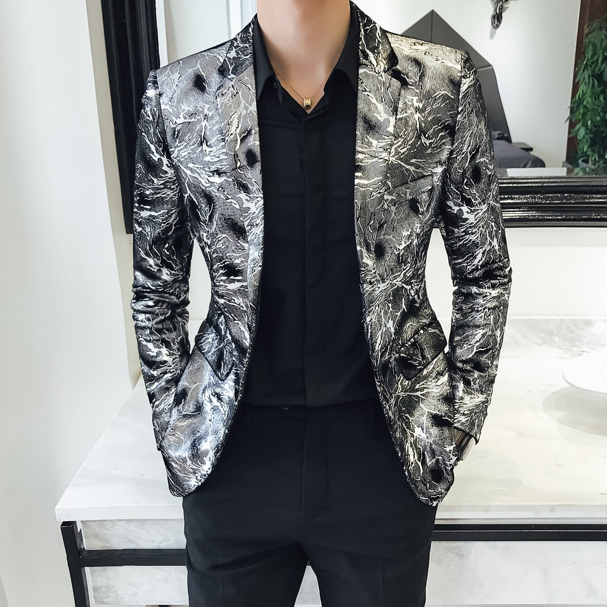 Silver Flashlight Print Single Breasted Casual Style Men Blazer
