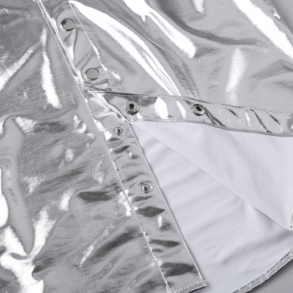 Silver Black Sexy Shine Metallic Short Sleeve Solid Casual Style Men Shirts