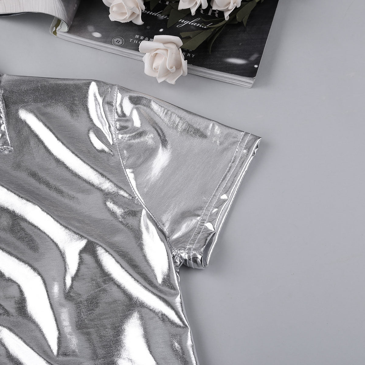 Silver Black Sexy Shine Metallic Short Sleeve Solid Casual Style Men Shirts