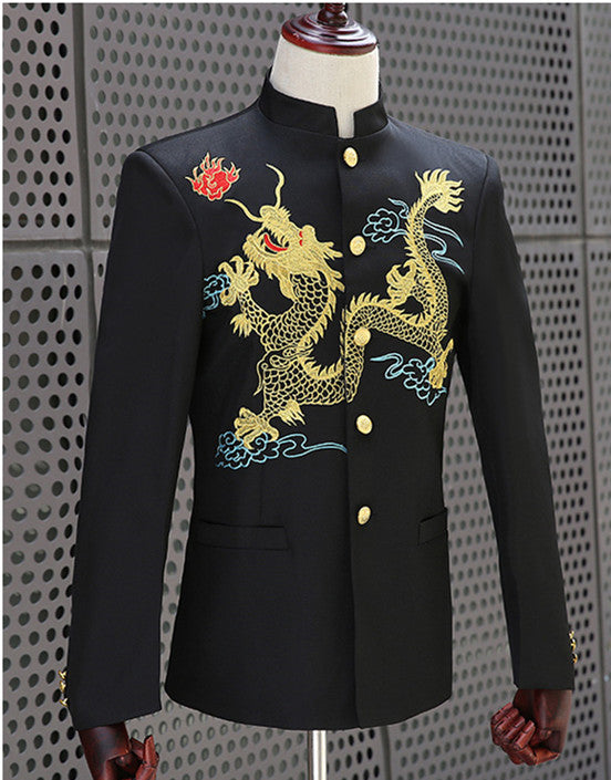Men Chinese Style with Dragon Embroidery Set Men Blazer and Pants