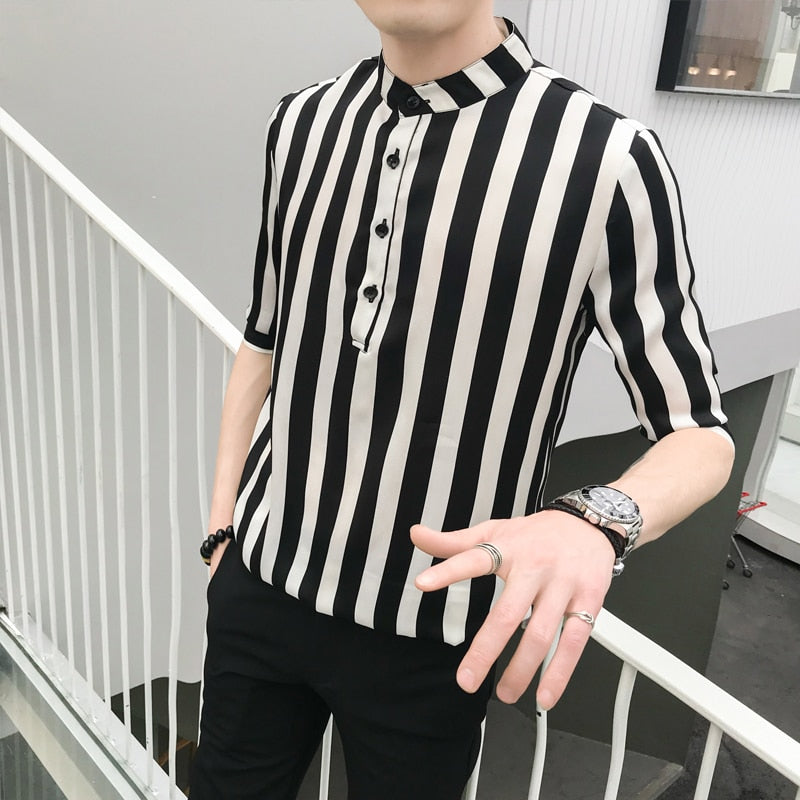 Mandarin Collar Stripes Middle Sleeves Style Men Shirts