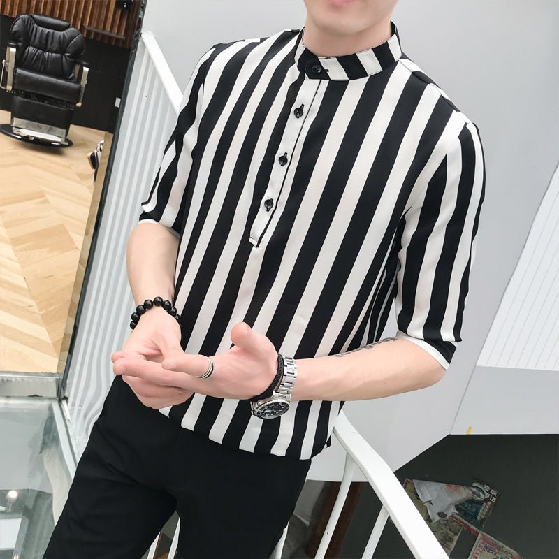 Mandarin Collar Stripes Middle Sleeves Style Men Shirts