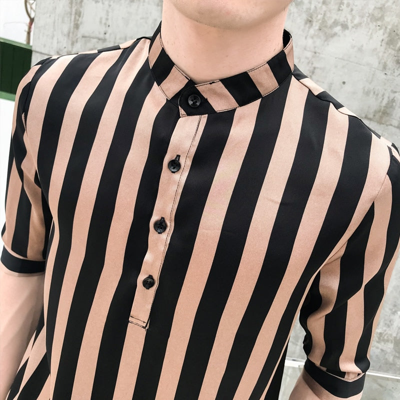 Mandarin Collar Stripes Middle Sleeves Style Men Shirts
