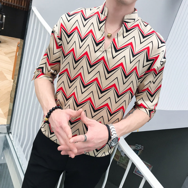 Tide Stripes Manches Mi-longues Col V Style Hommes Chemises