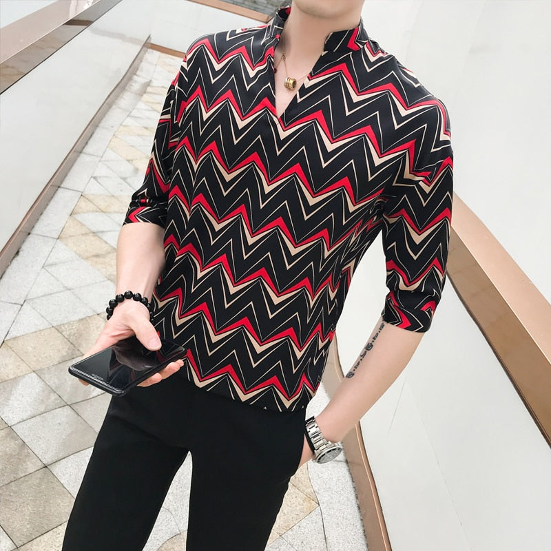 Tide Stripes Middle Sleeves V Neck Style Men Shirts