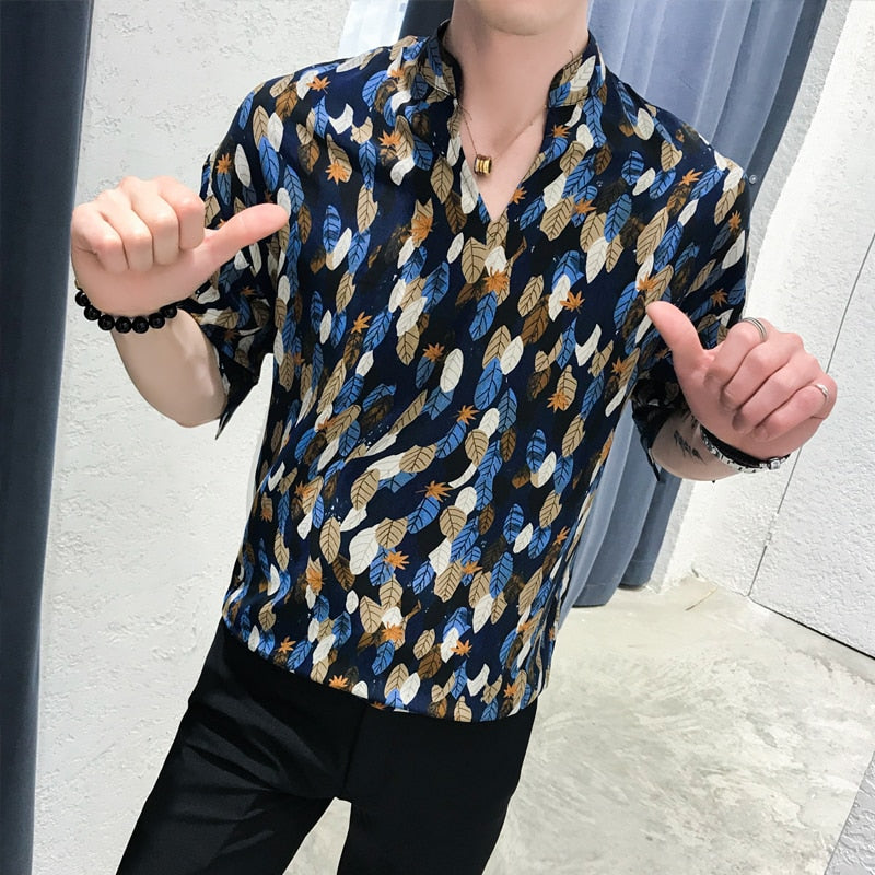 Autumn Leaves Half Sleeves Loose Style Men Shirts