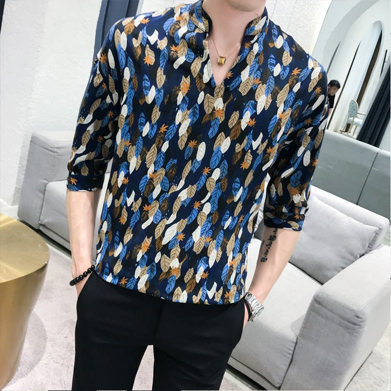 Autumn Leaves Half Sleeves Loose Style Men Shirts