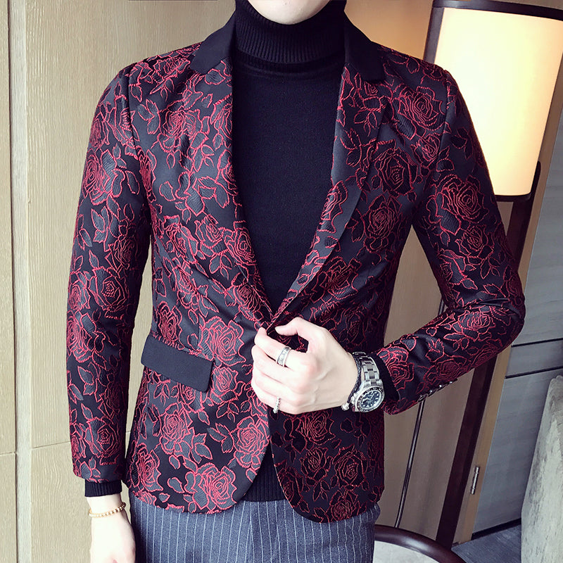 Dark Rose Jacquard Party Men Slim Fit Blazer - FanFreakz