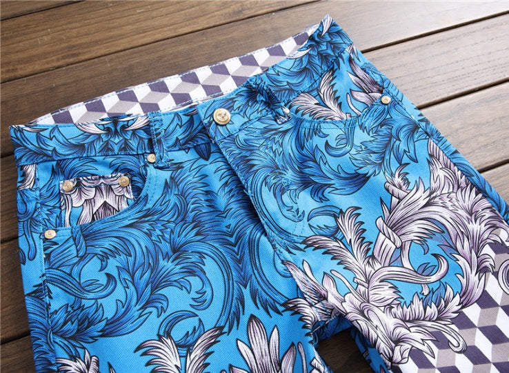 Colorful Print Pattern Men Slim Straight Jeans - FanFreakz