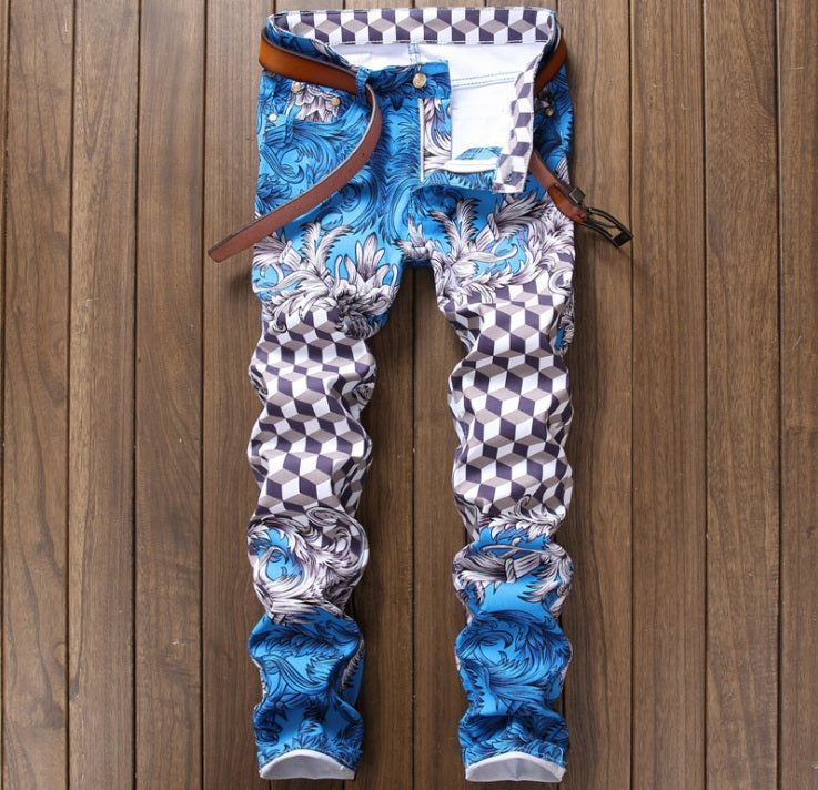 Colorful Print Pattern Men Slim Straight Jeans - FanFreakz