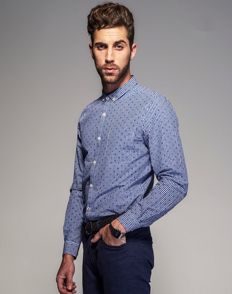 Long Sleeve Business Slim Fit Plaid Men Shirt - FanFreakz