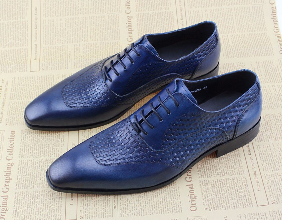 Men Blue Oxford Shoes on Woven Leather Patched Style - FanFreakz