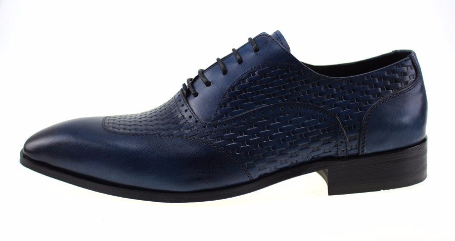 Men Blue Oxford Shoes on Woven Leather Patched Style - FanFreakz