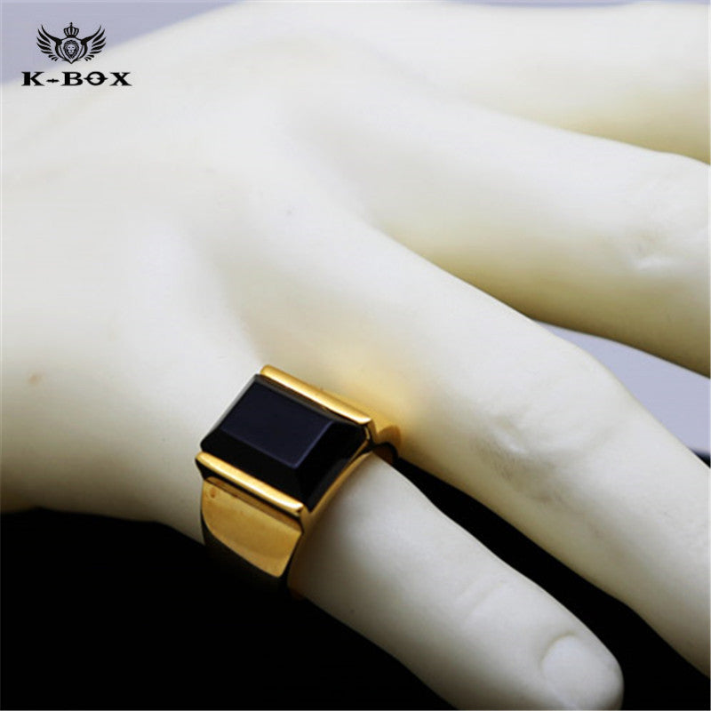 Black Square Agate Men's Gold Color Stainless Steel Ring - FanFreakz
