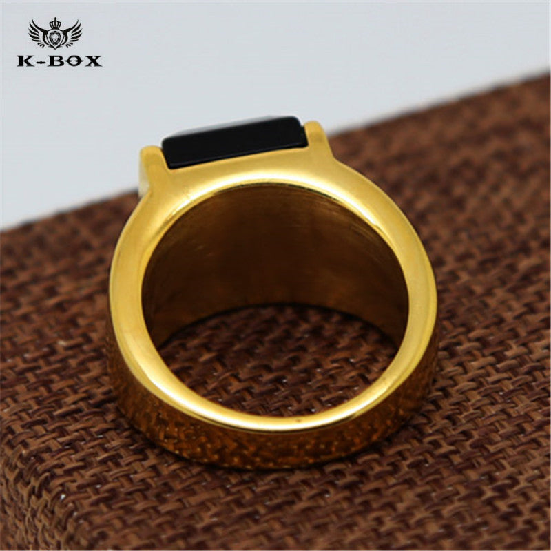 Black Square Agate Men's Gold Color Stainless Steel Ring - FanFreakz