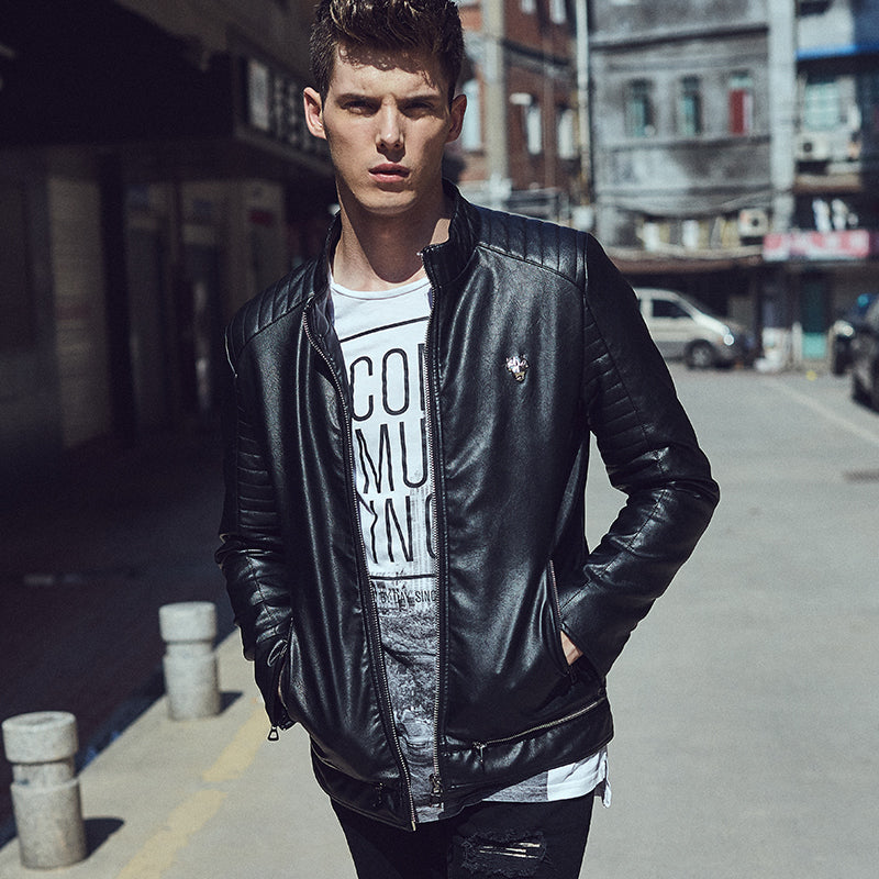Punk Biker Style Men PU Leather Jacket with Shoulder Stitched Work Detail - FanFreakz
