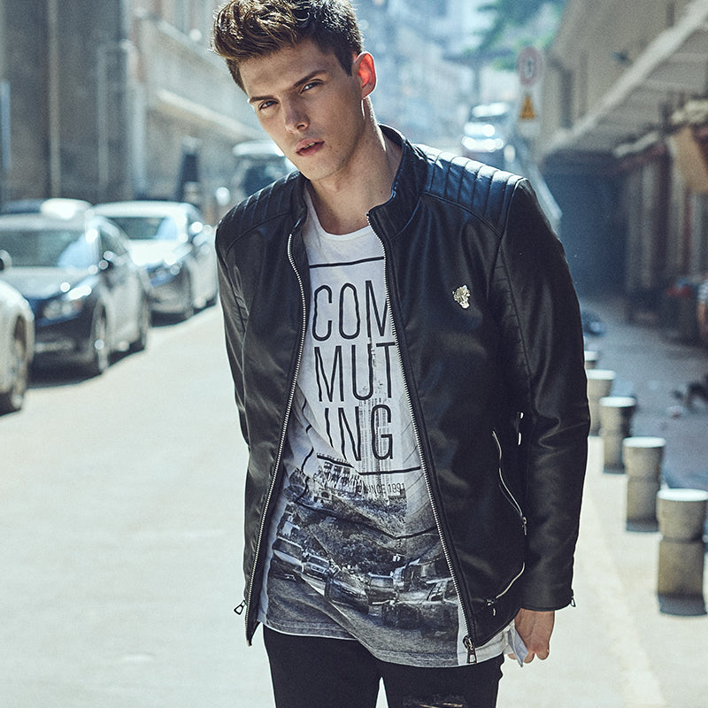 Punk Biker Style Men PU Leather Jacket with Shoulder Stitched Work Detail - FanFreakz