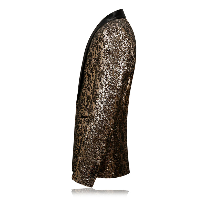 Gold Floral Fancy Shawl Collar Slim Fit Men Blazer - FanFreakz