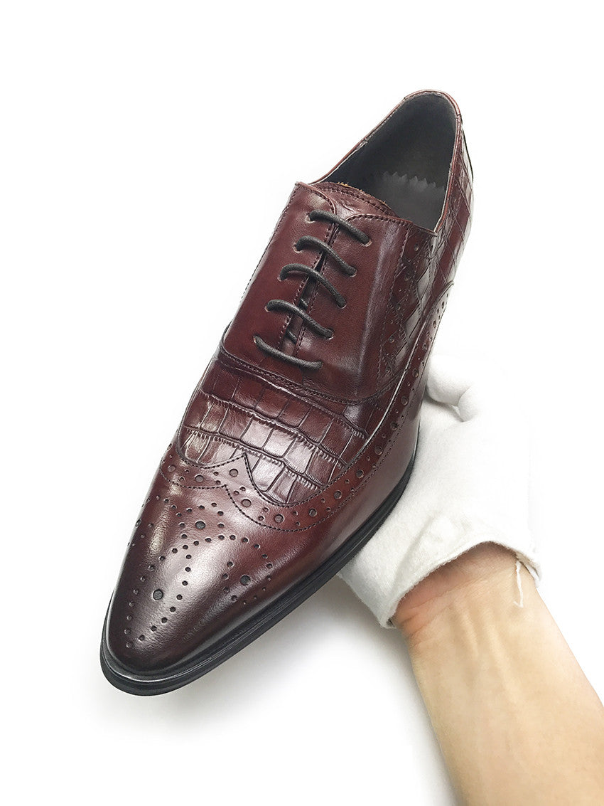 Pointed Toe Brogue Croco Men Oxford Shoes With Wingtip - FanFreakz